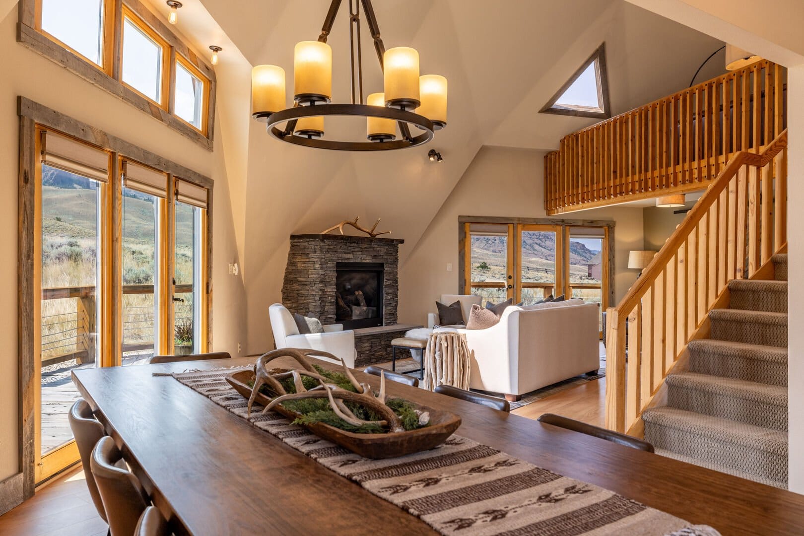 Spacious living room with fireplace.