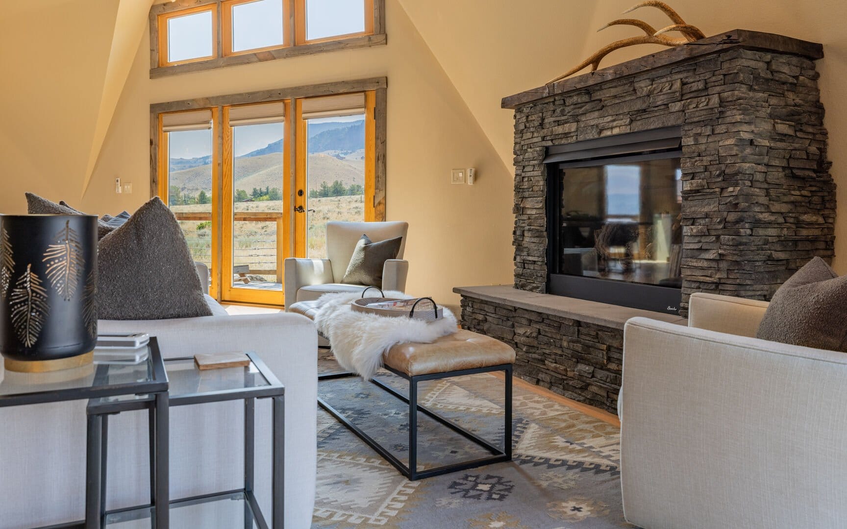 Cozy living room with fireplace.