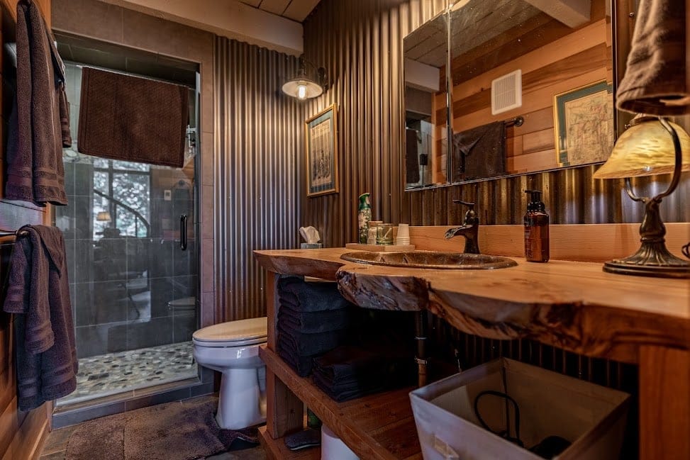 Rustic bathroom with wooden accents.