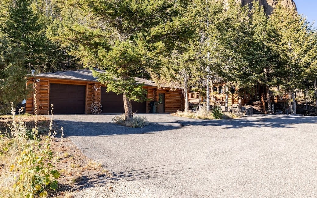 Log cabin among tall pine trees.