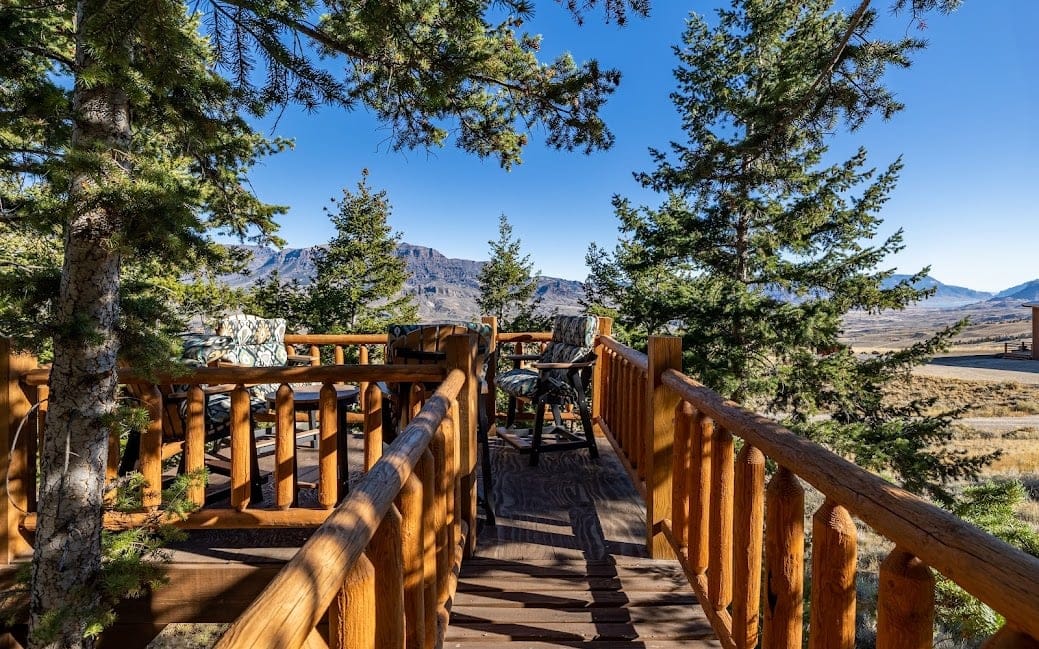 Mountain view from wooden deck.