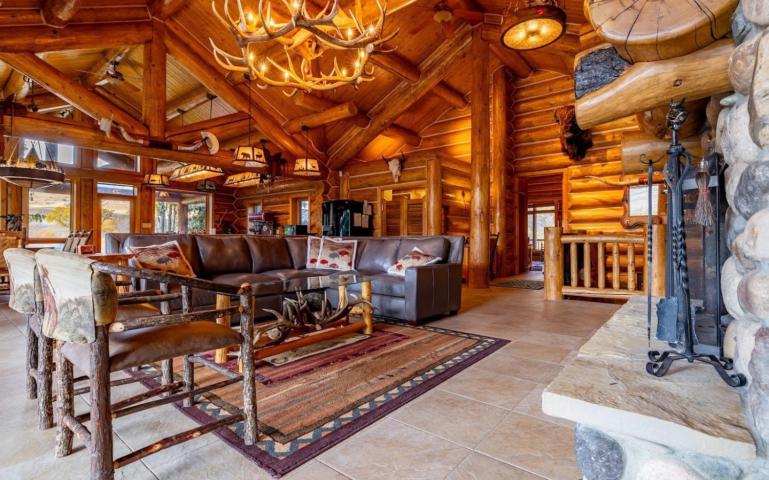 Rustic log cabin living room interior.