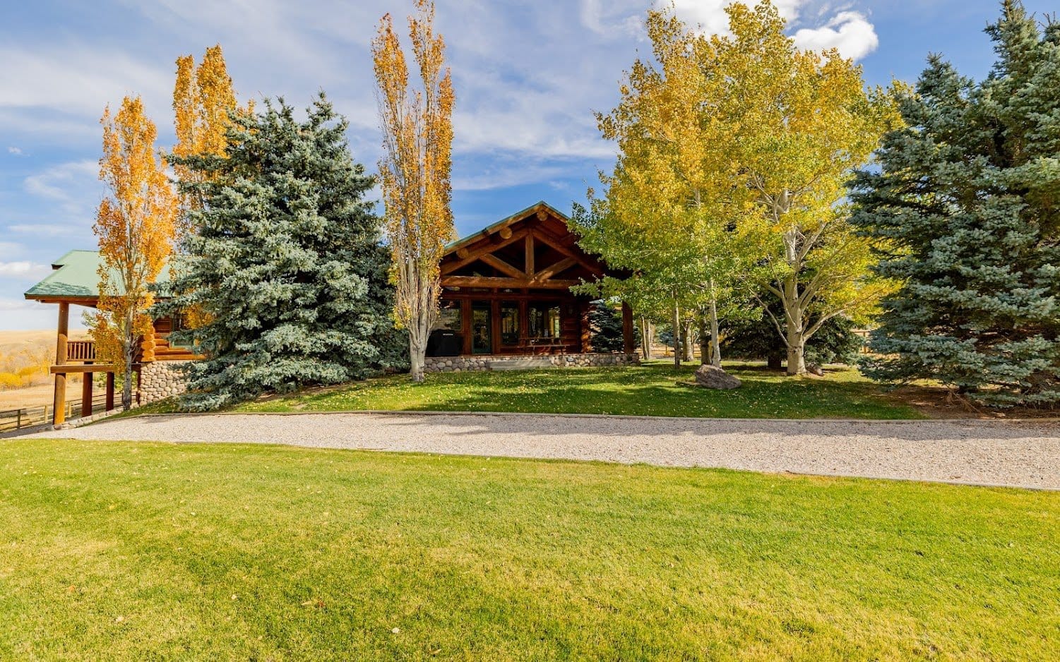 Log cabin surrounded by autumn trees.