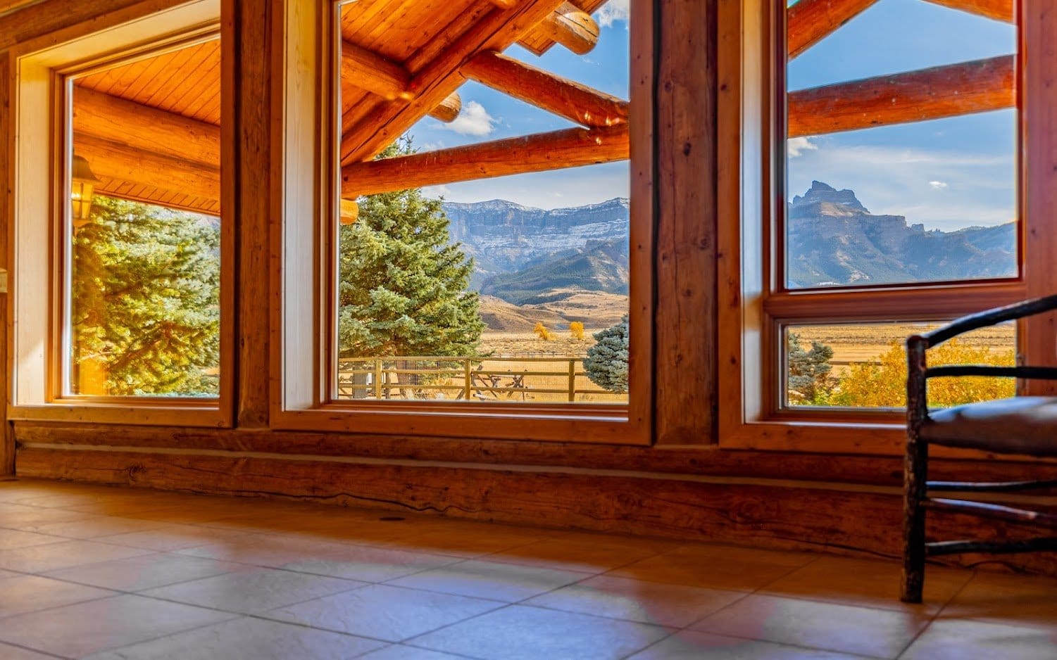 Mountain view through cabin windows.