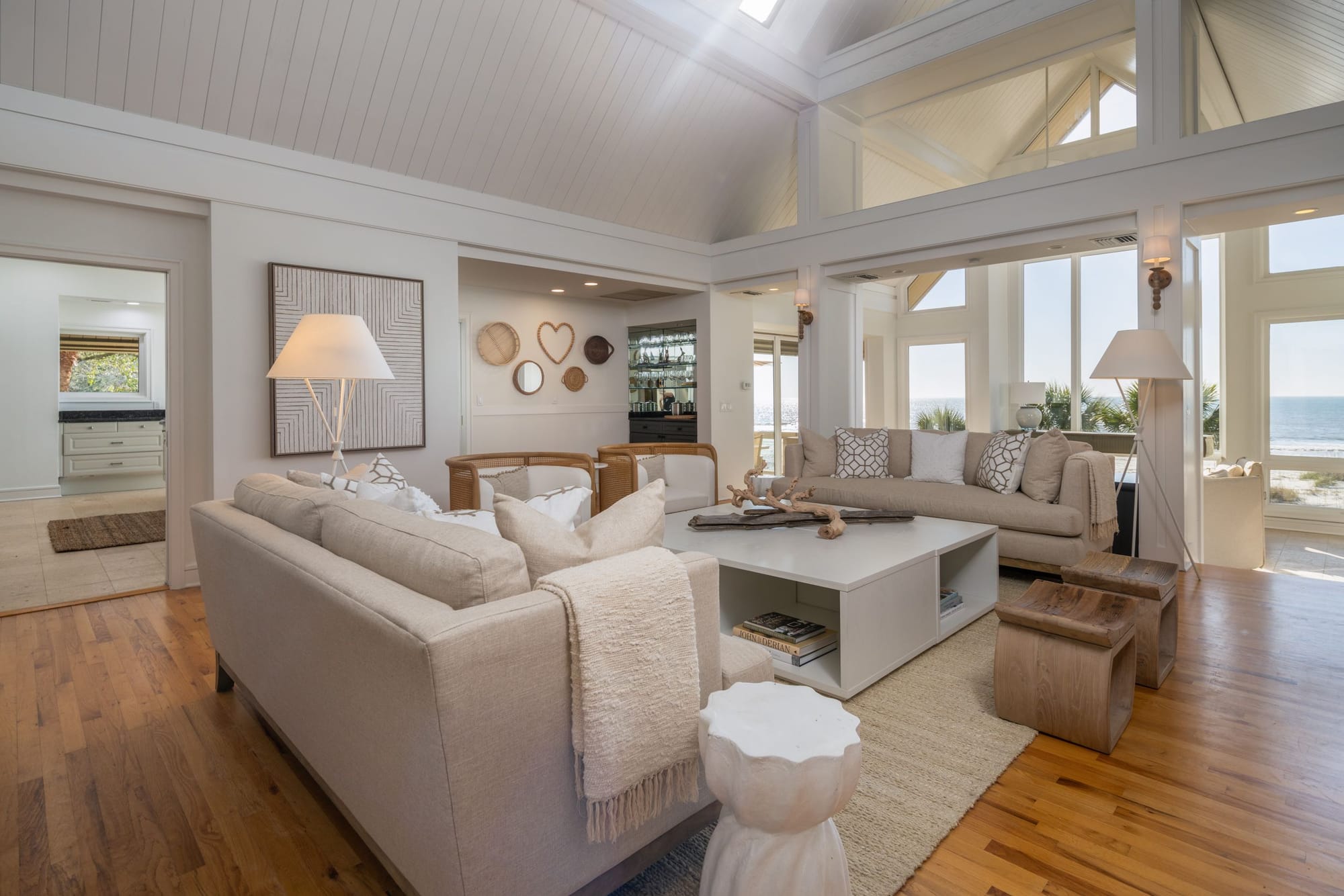 Bright beachfront living room interior.