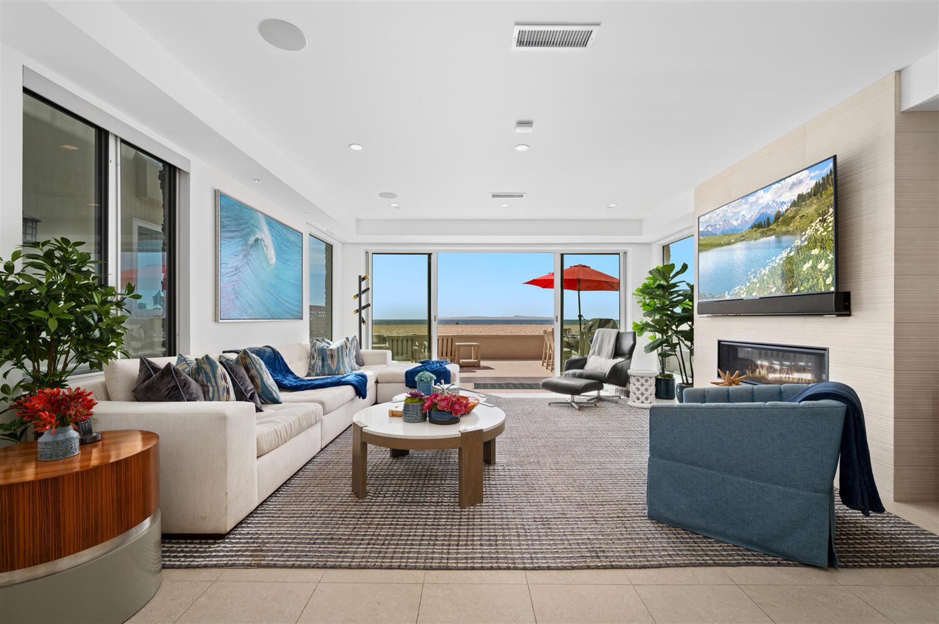 Modern living room with ocean view.