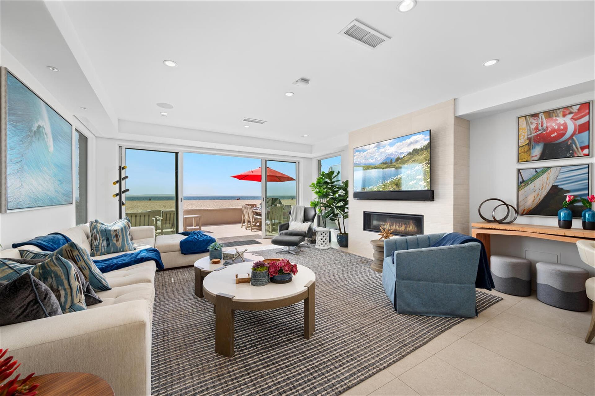 Luxurious coastal living room interior.