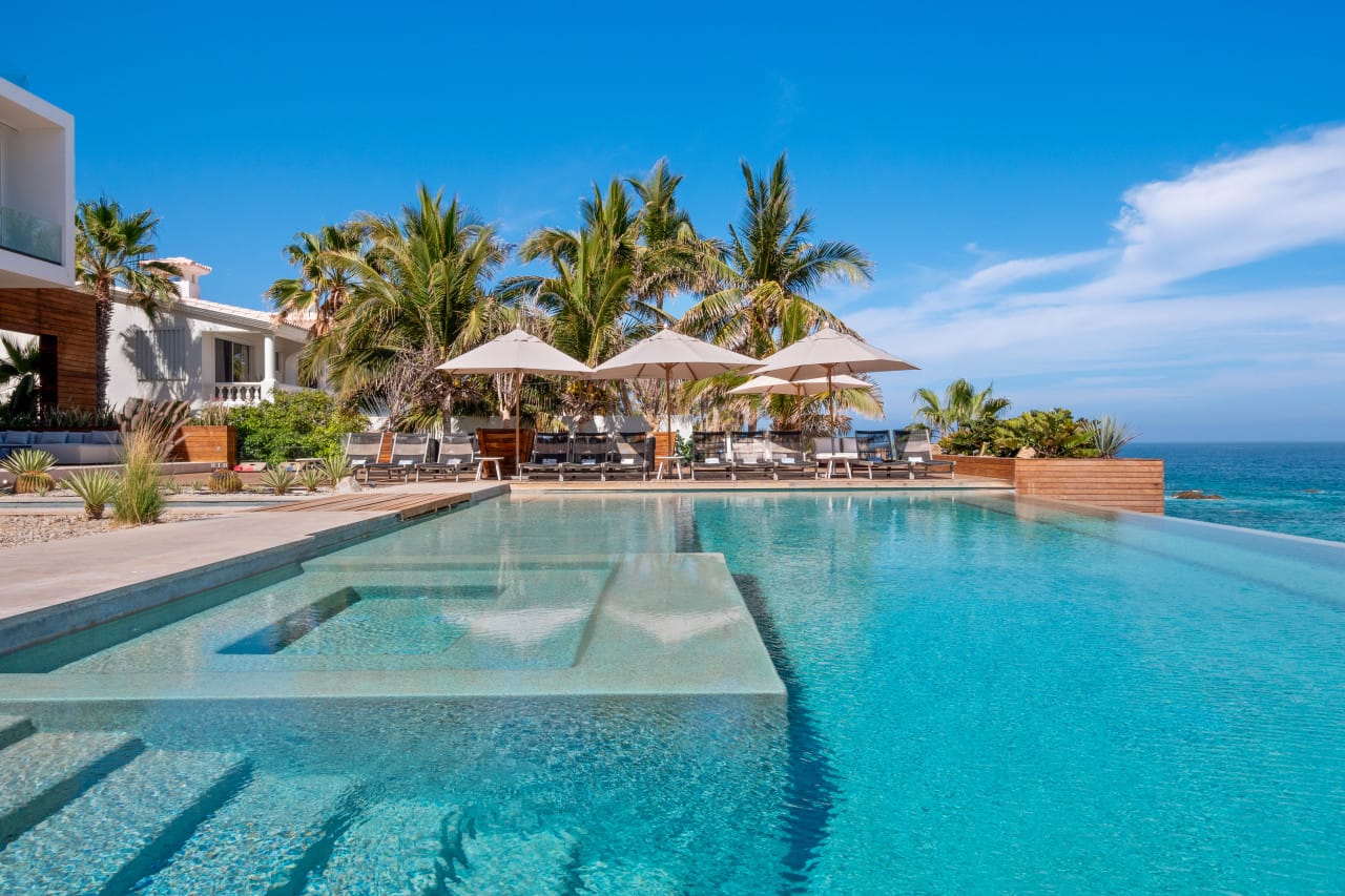 Infinity pool overlooking ocean, palm trees.