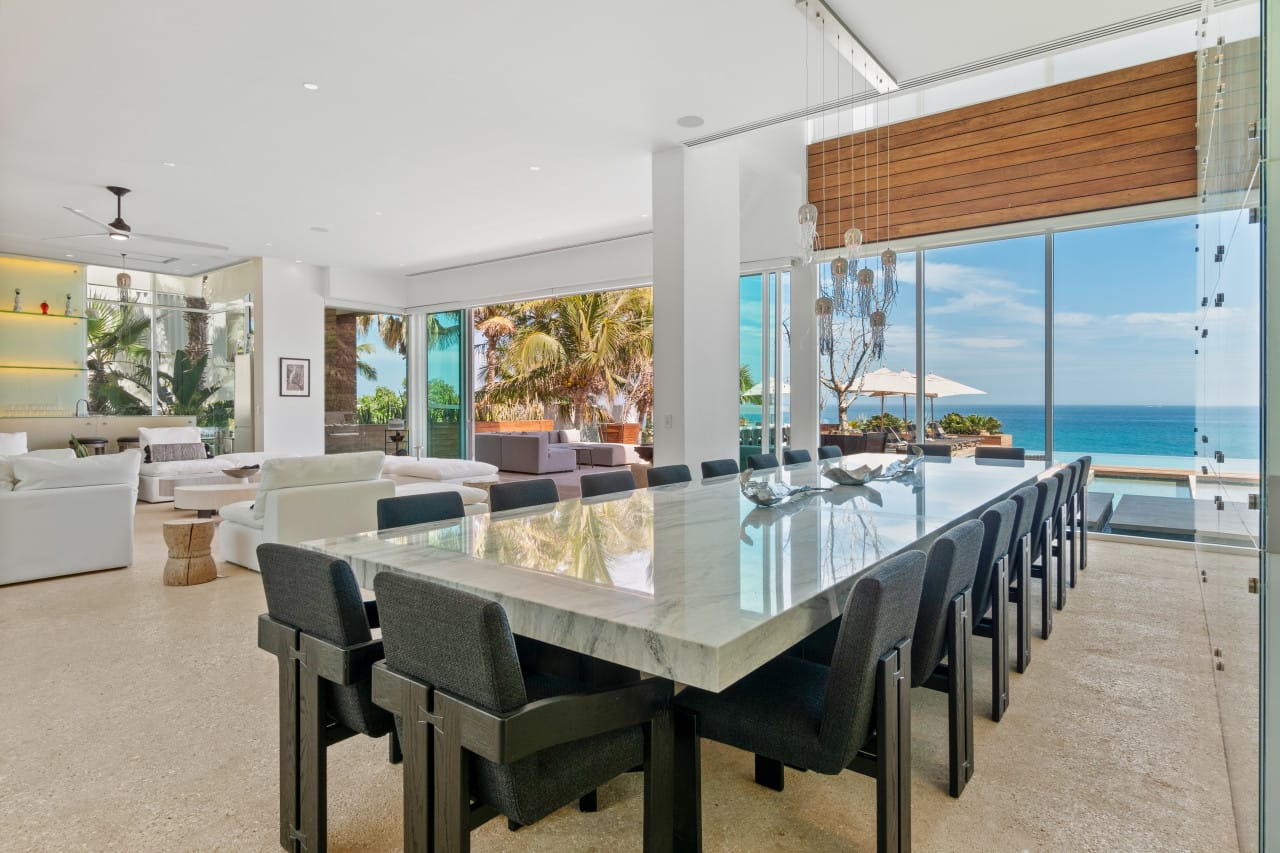 Modern dining room with ocean view.