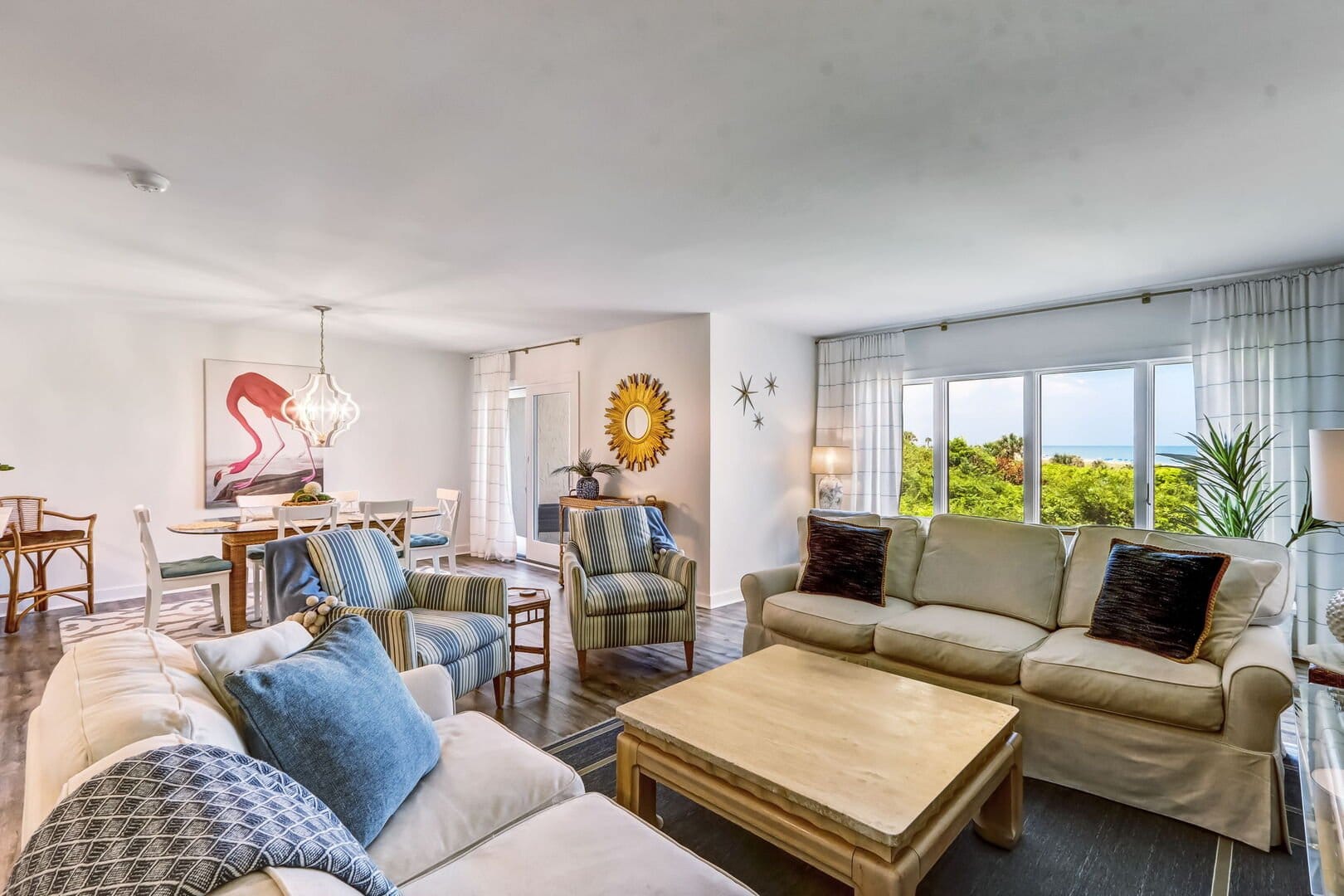 Bright living room with ocean view.