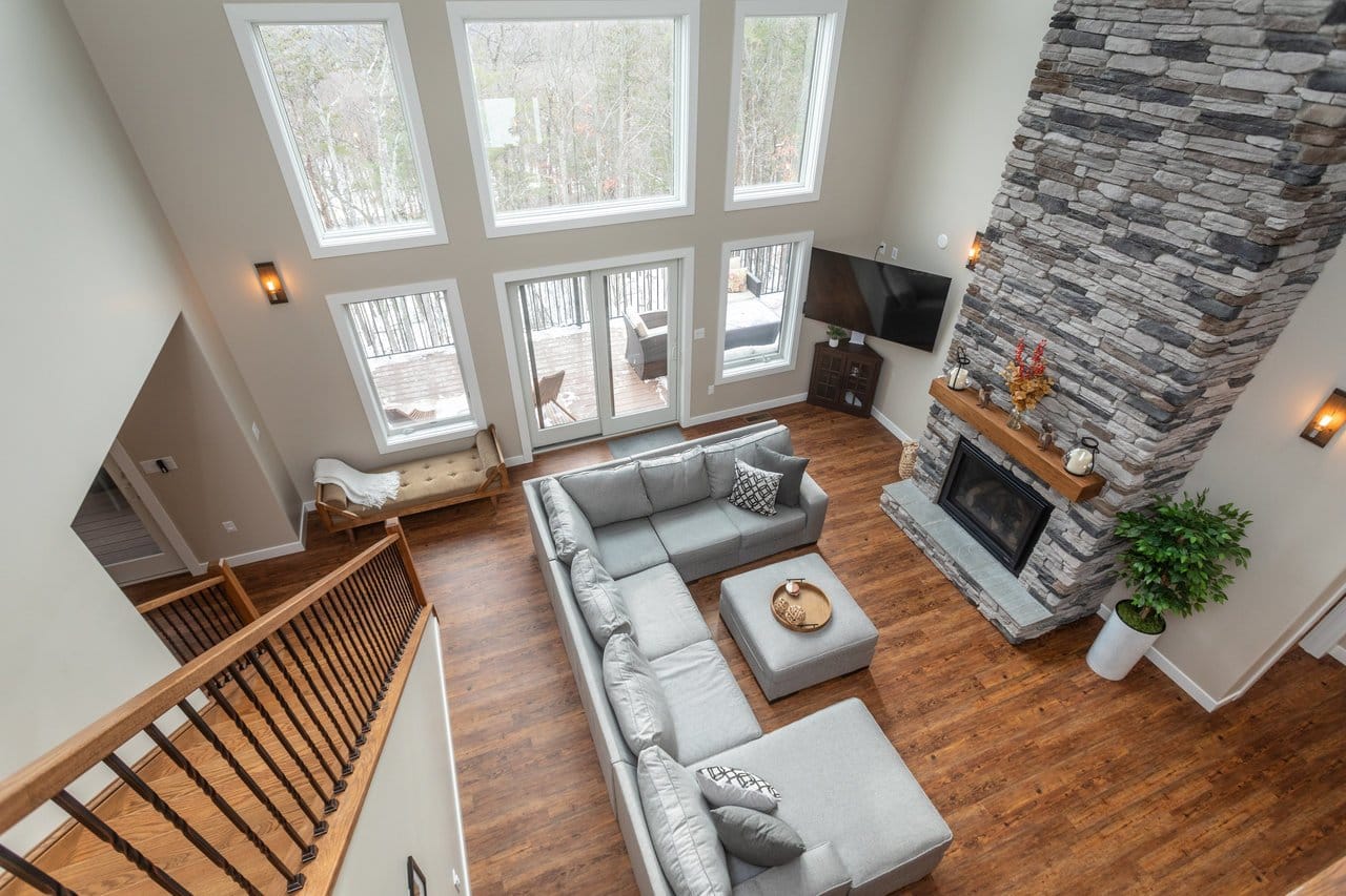 Spacious living room with fireplace.