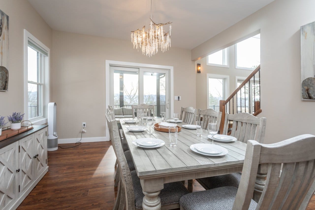 Elegant dining room with chandelier.