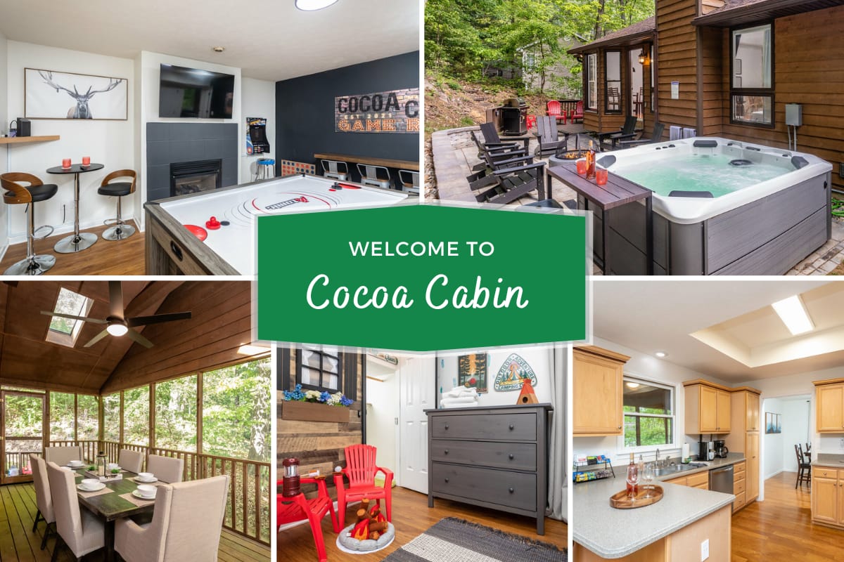 Collage of Cocoa Cabin interiors.