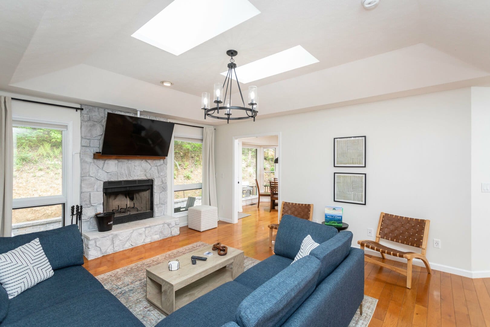 Modern living room with skylights.