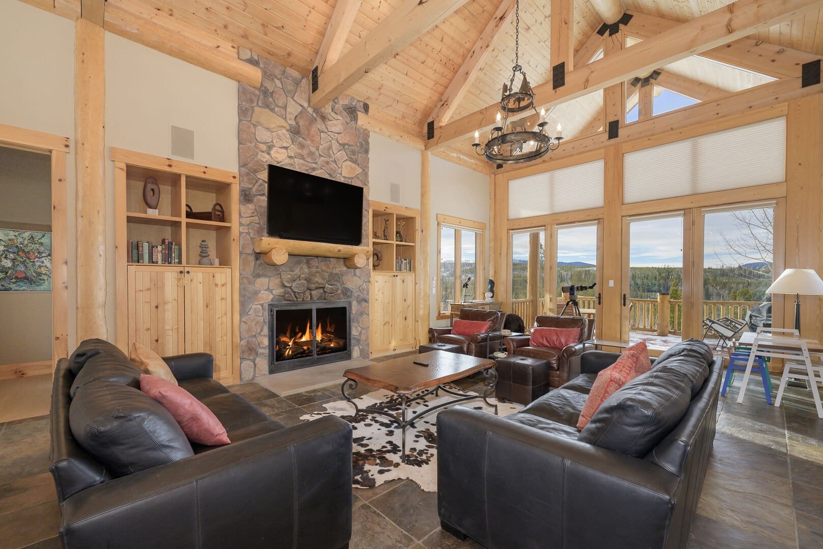 Rustic living room with fireplace.