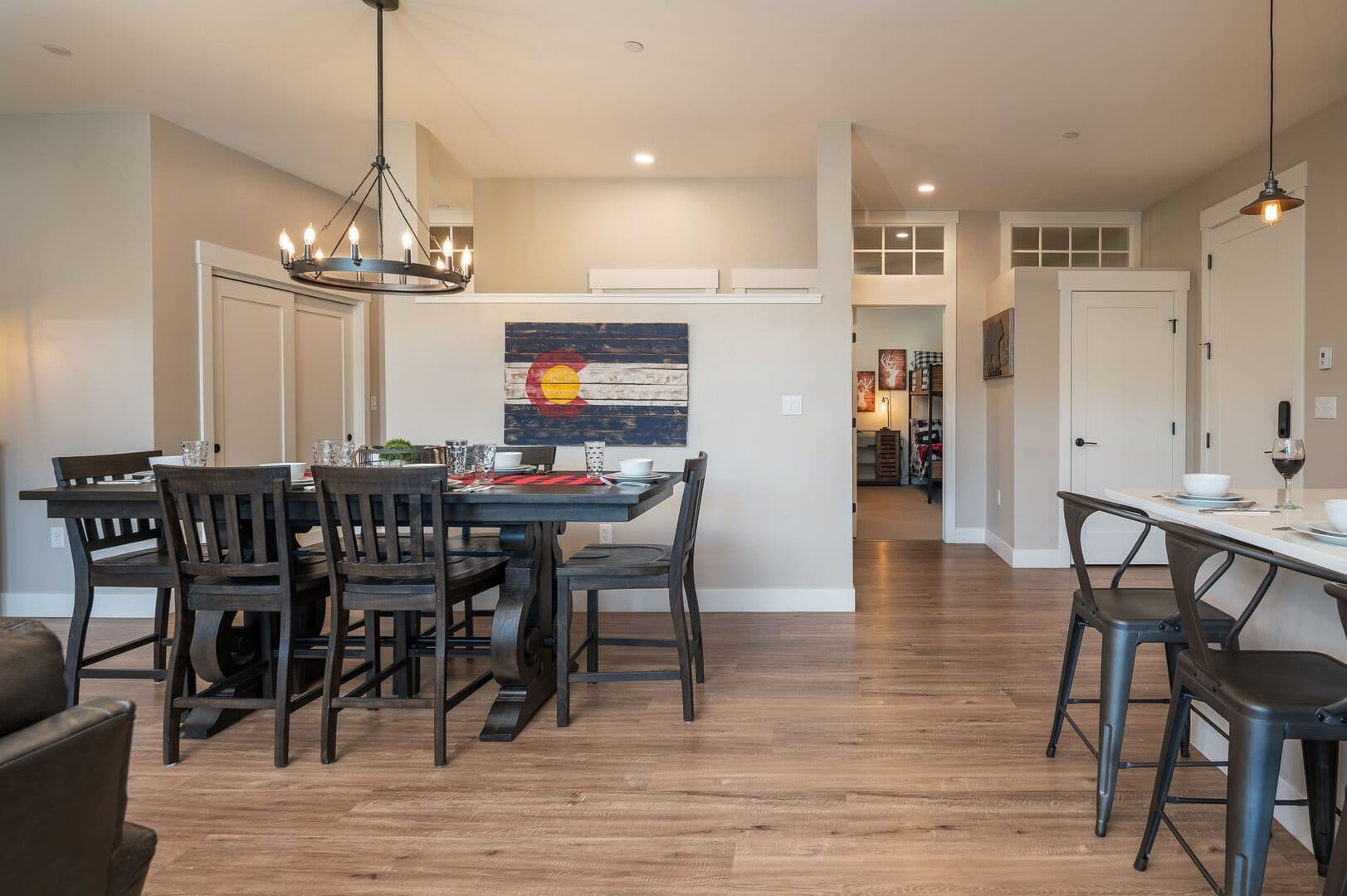 Dining room with wooden table.