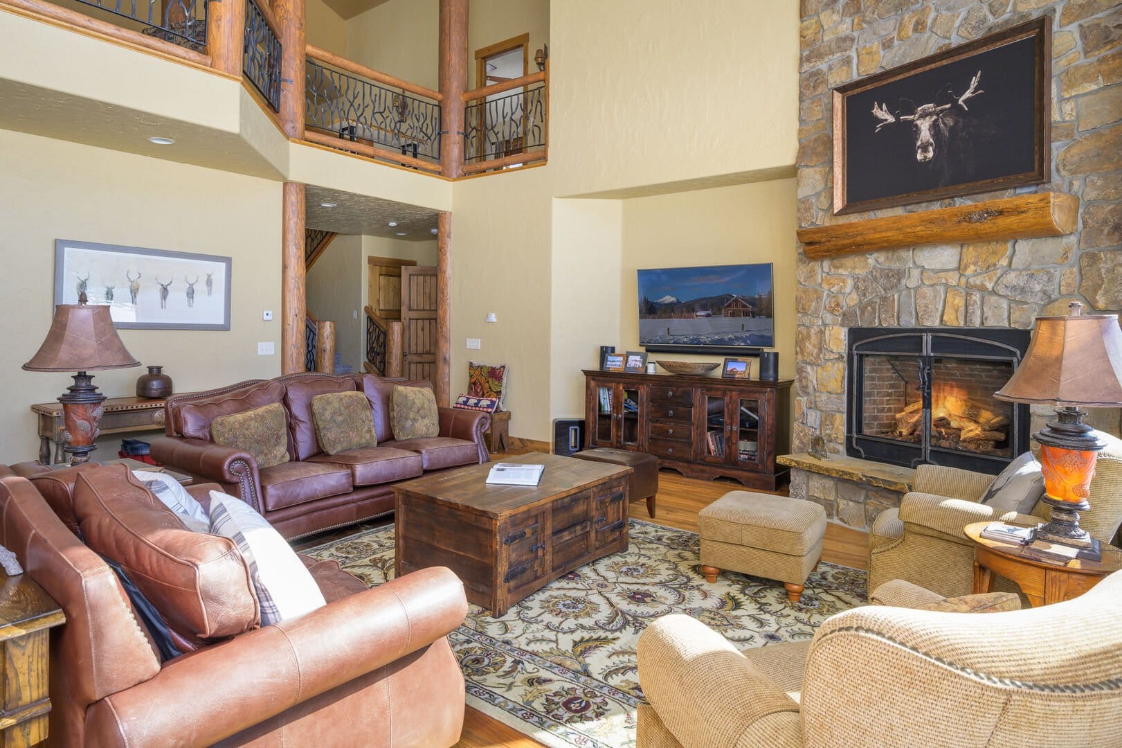 Cozy living room with fireplace.