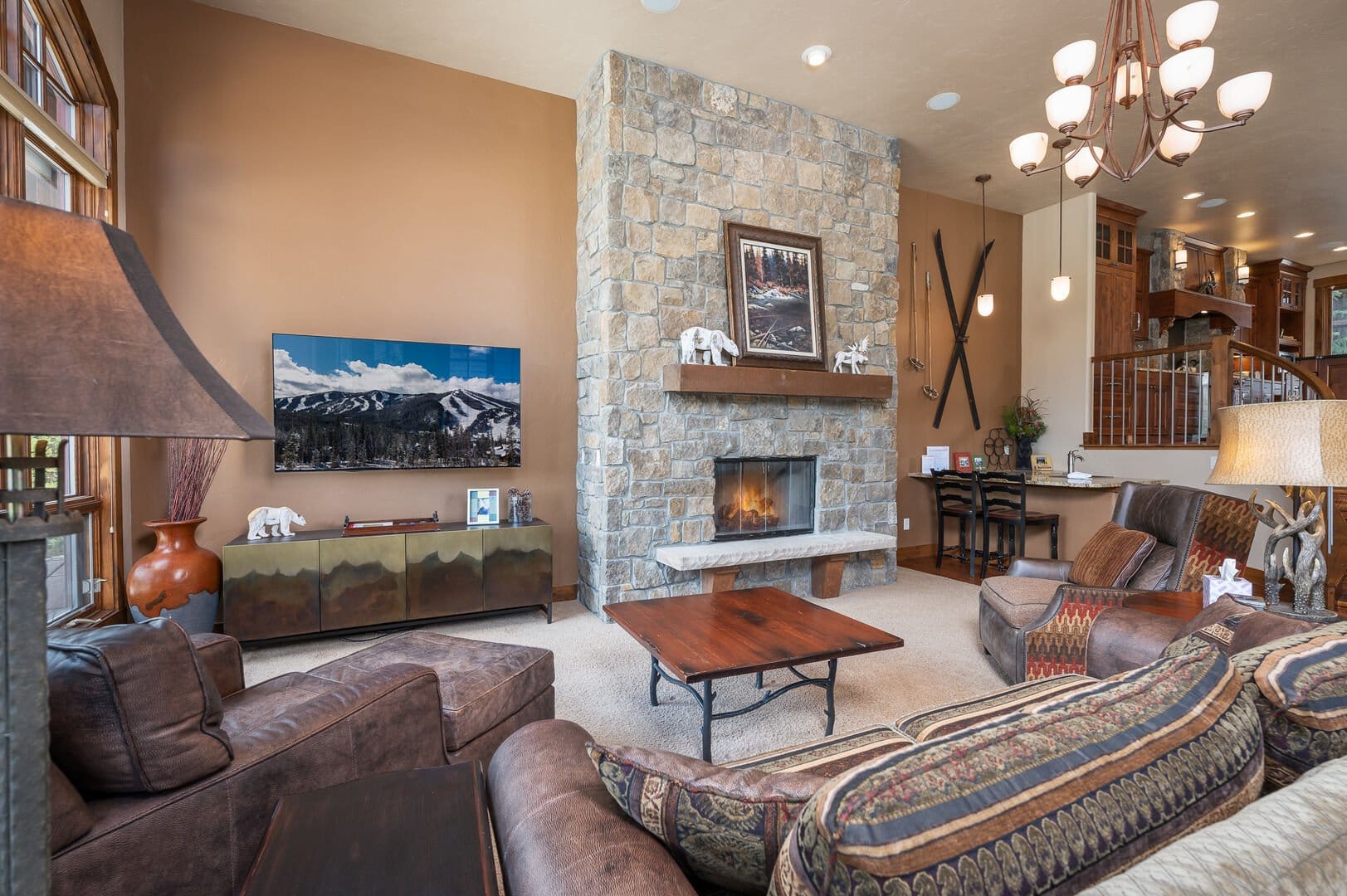 Cozy living room with fireplace.