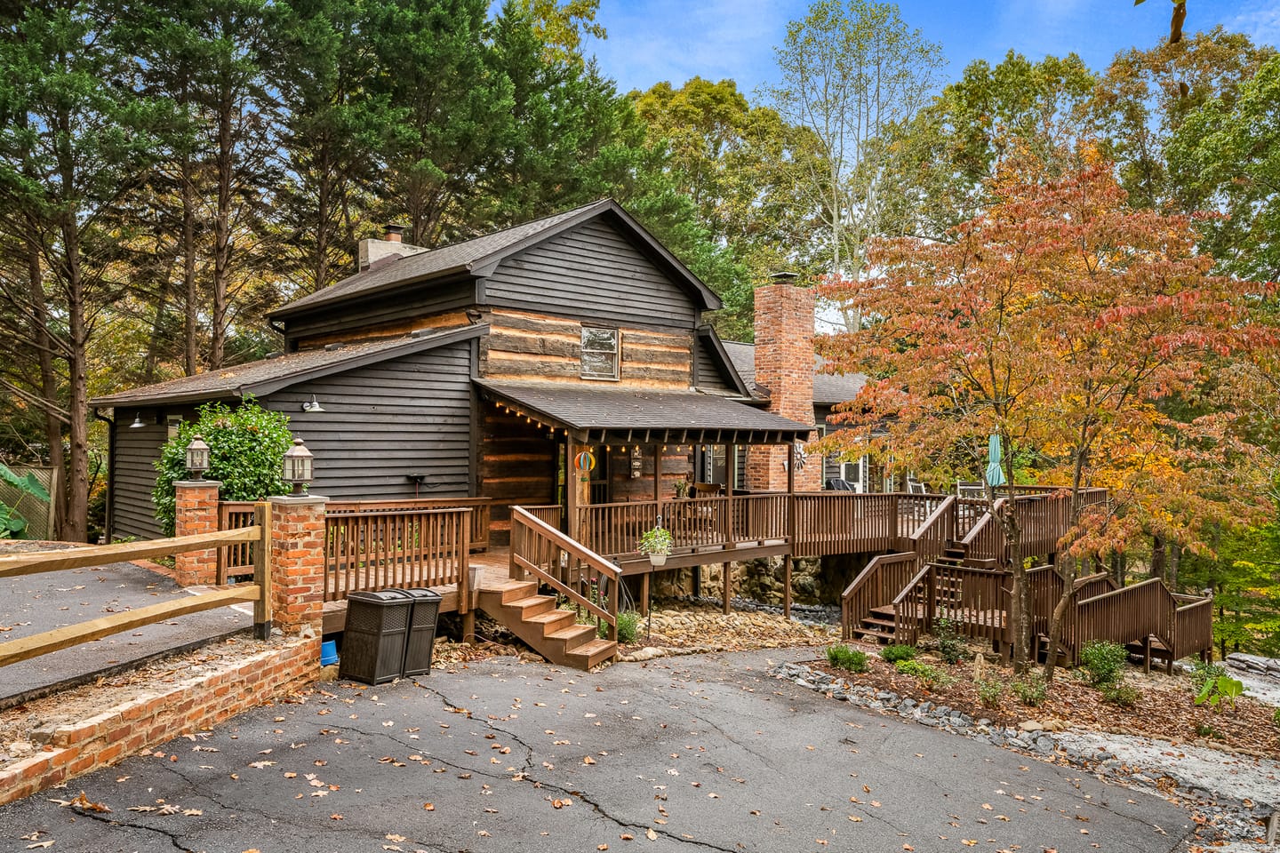 Rustic cabin with wooden deck.