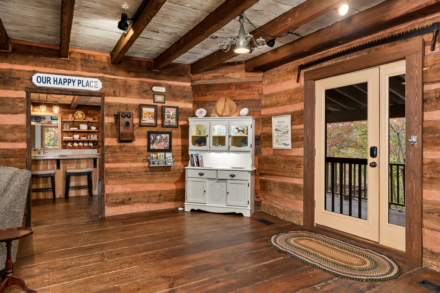 Rustic cabin interior with hutch.