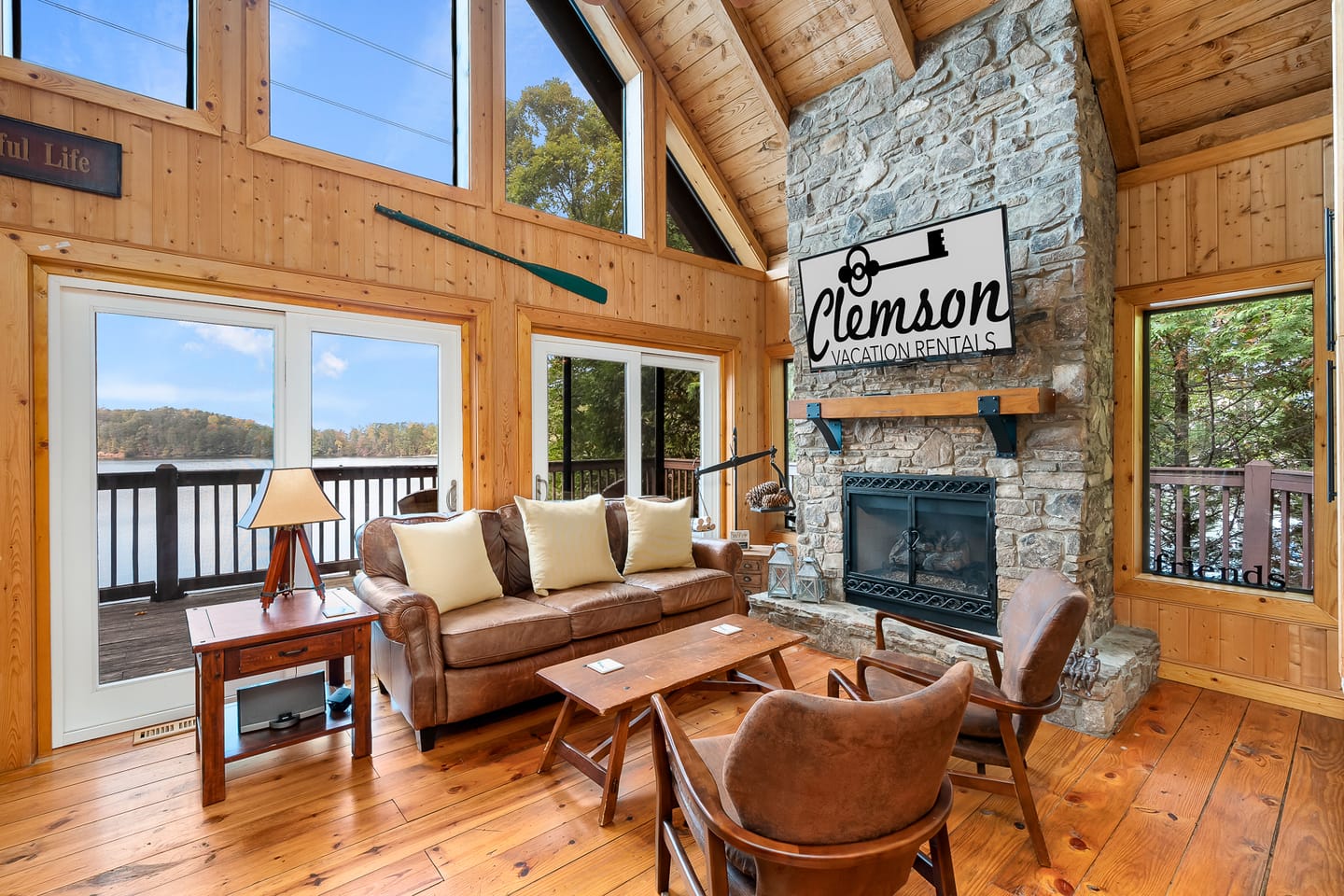 Cozy cabin living room, lake view.