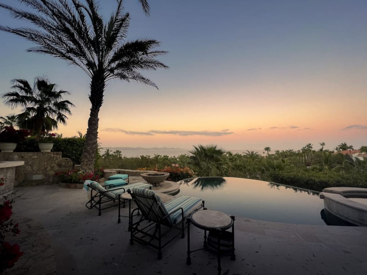 Poolside sunset with palm trees.