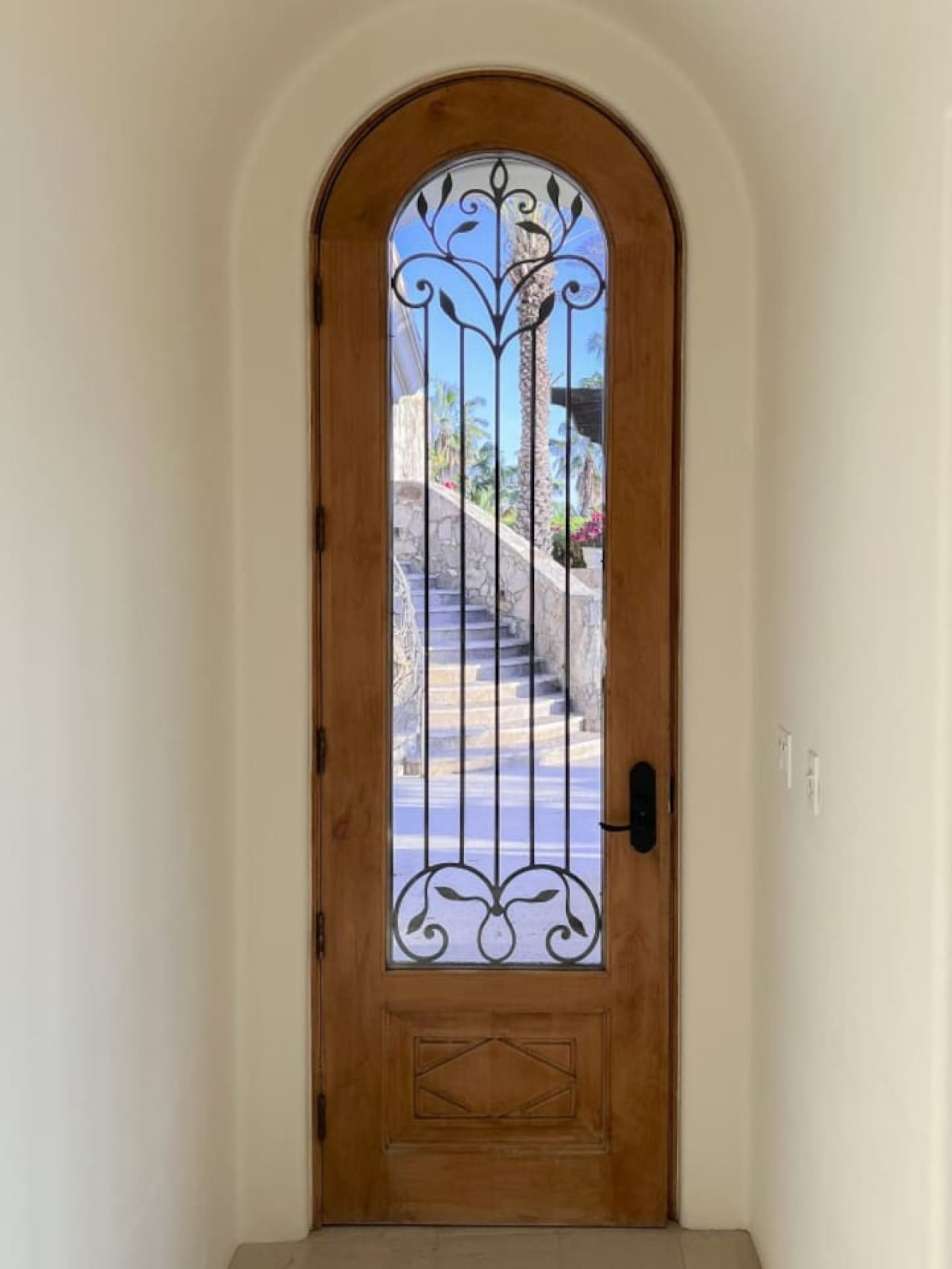 Arched door with decorative glass.