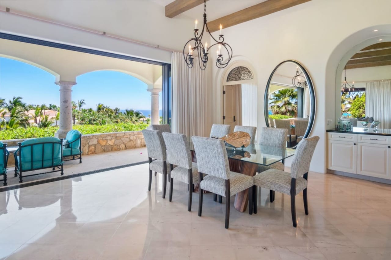 Luxurious dining room with ocean view.