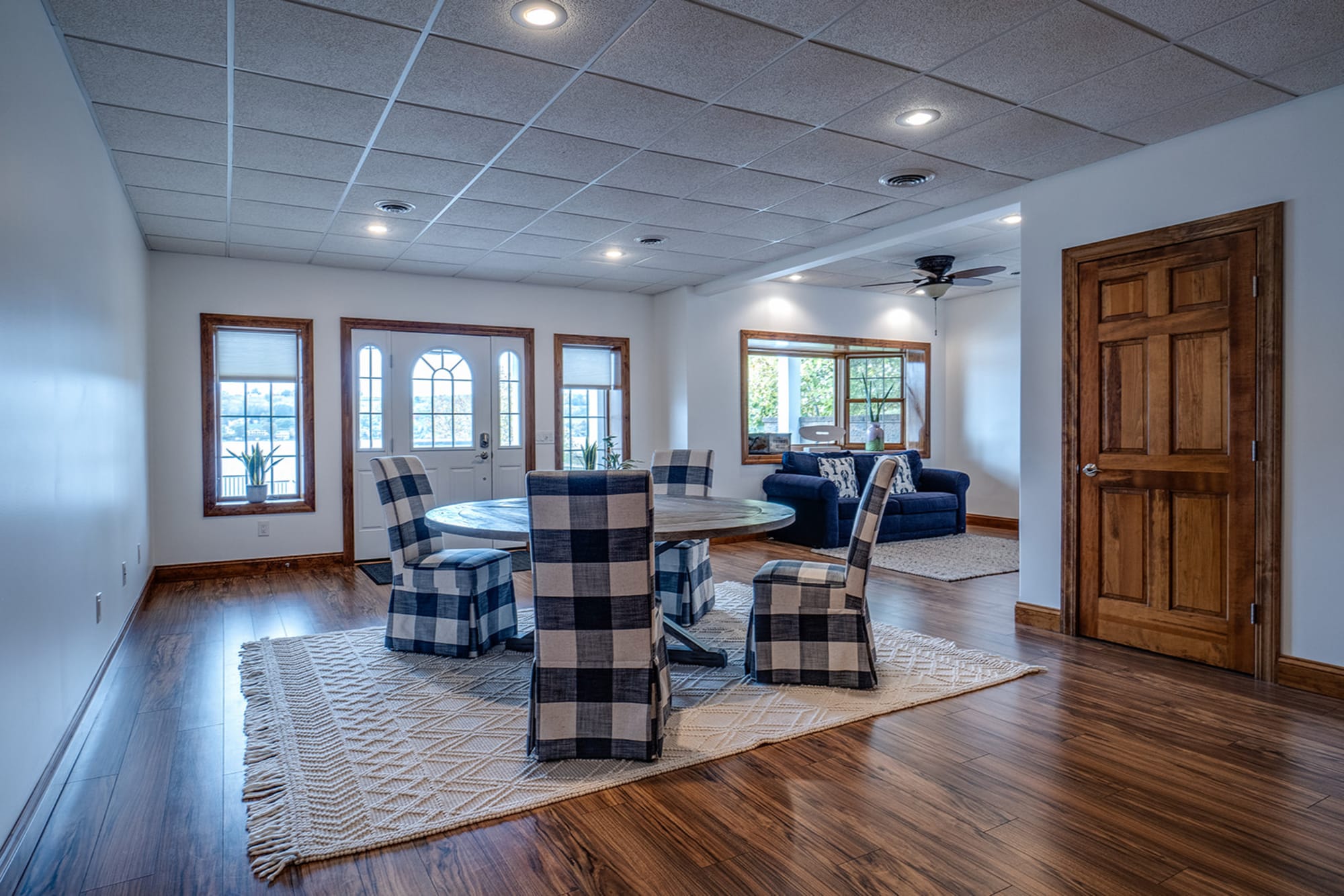 Dining and living room with furniture.