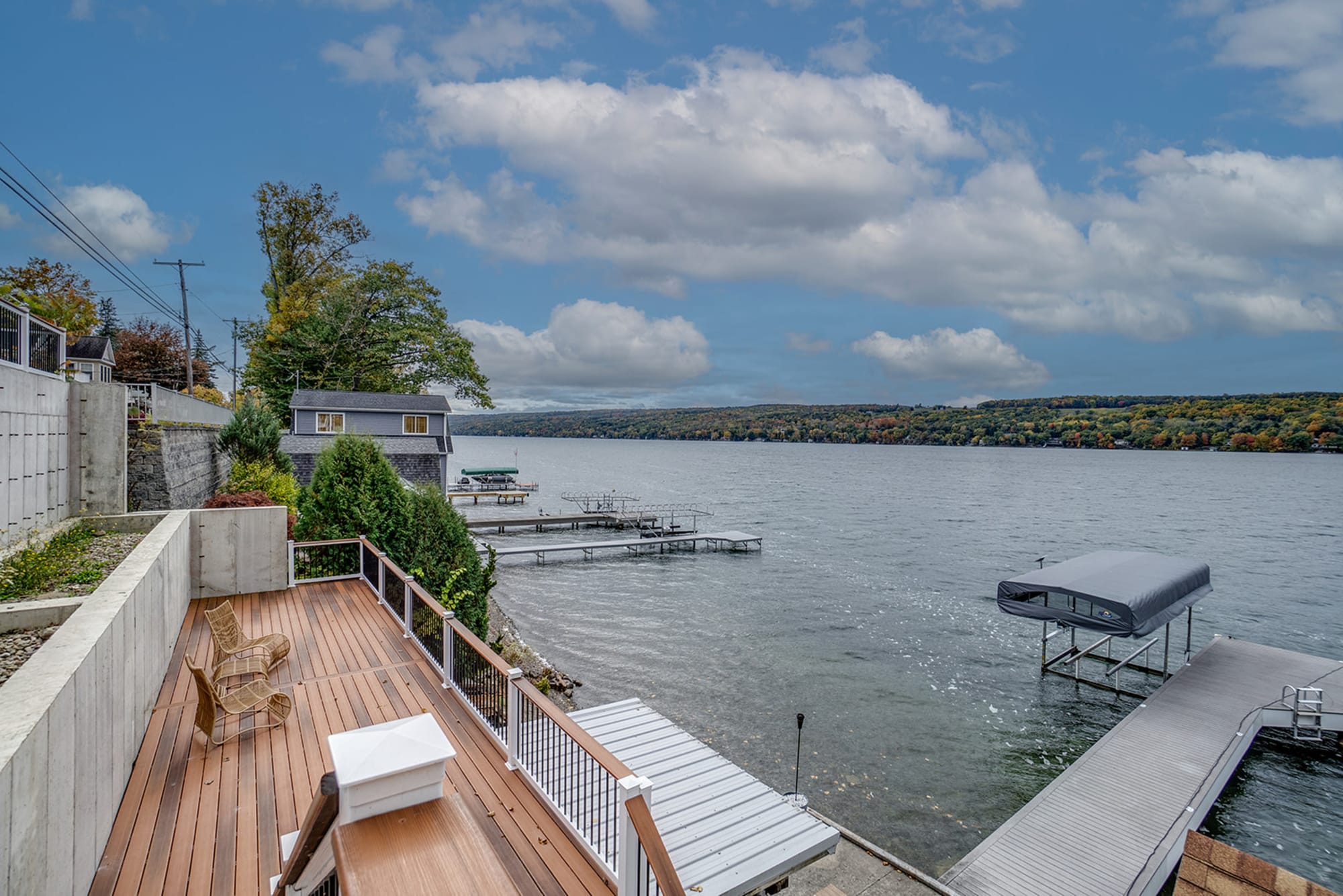 Lakeside deck with docks view.