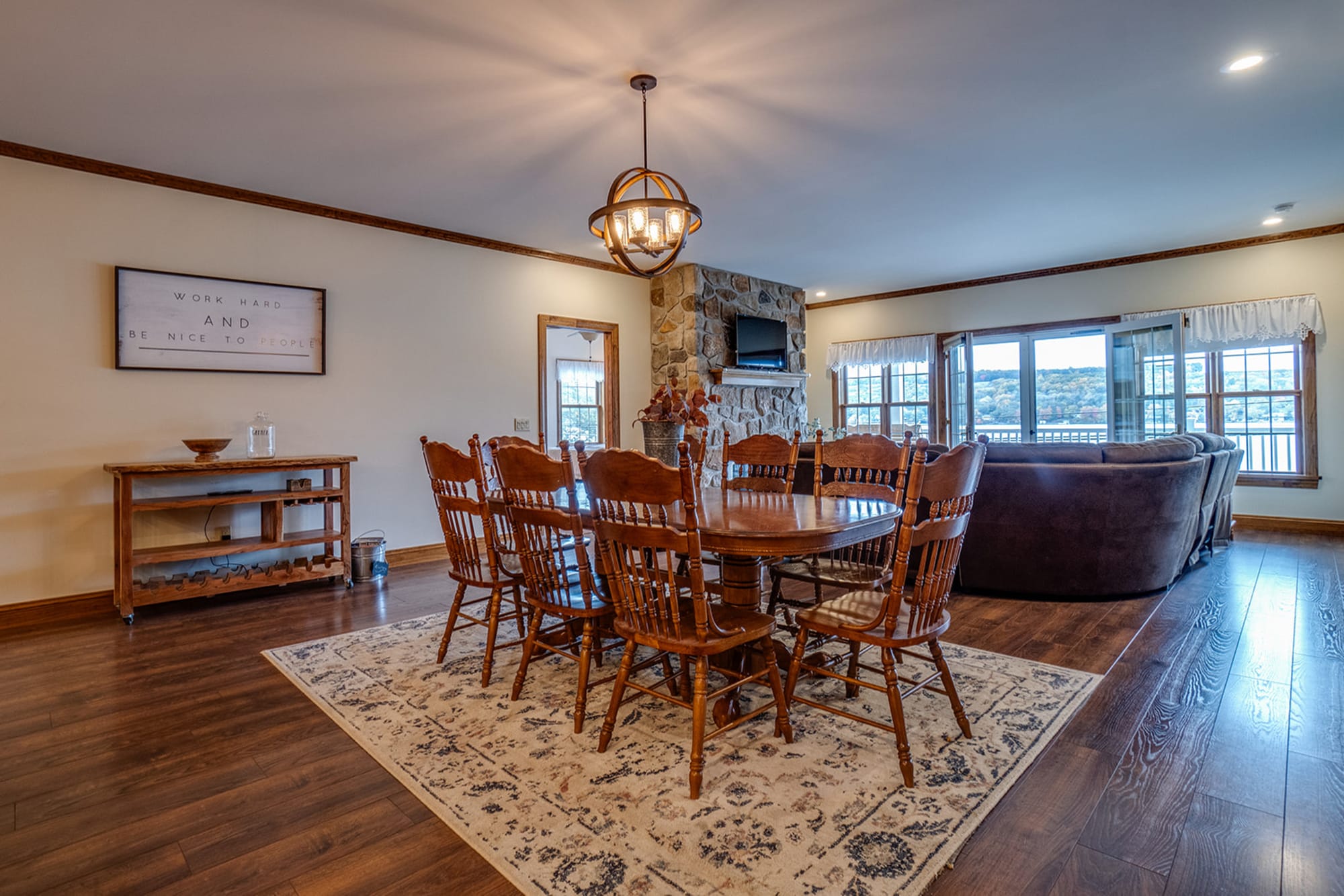 Cozy dining room with fireplace.