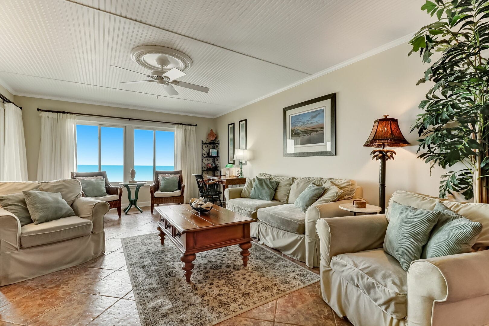 Cozy living room with ocean view.