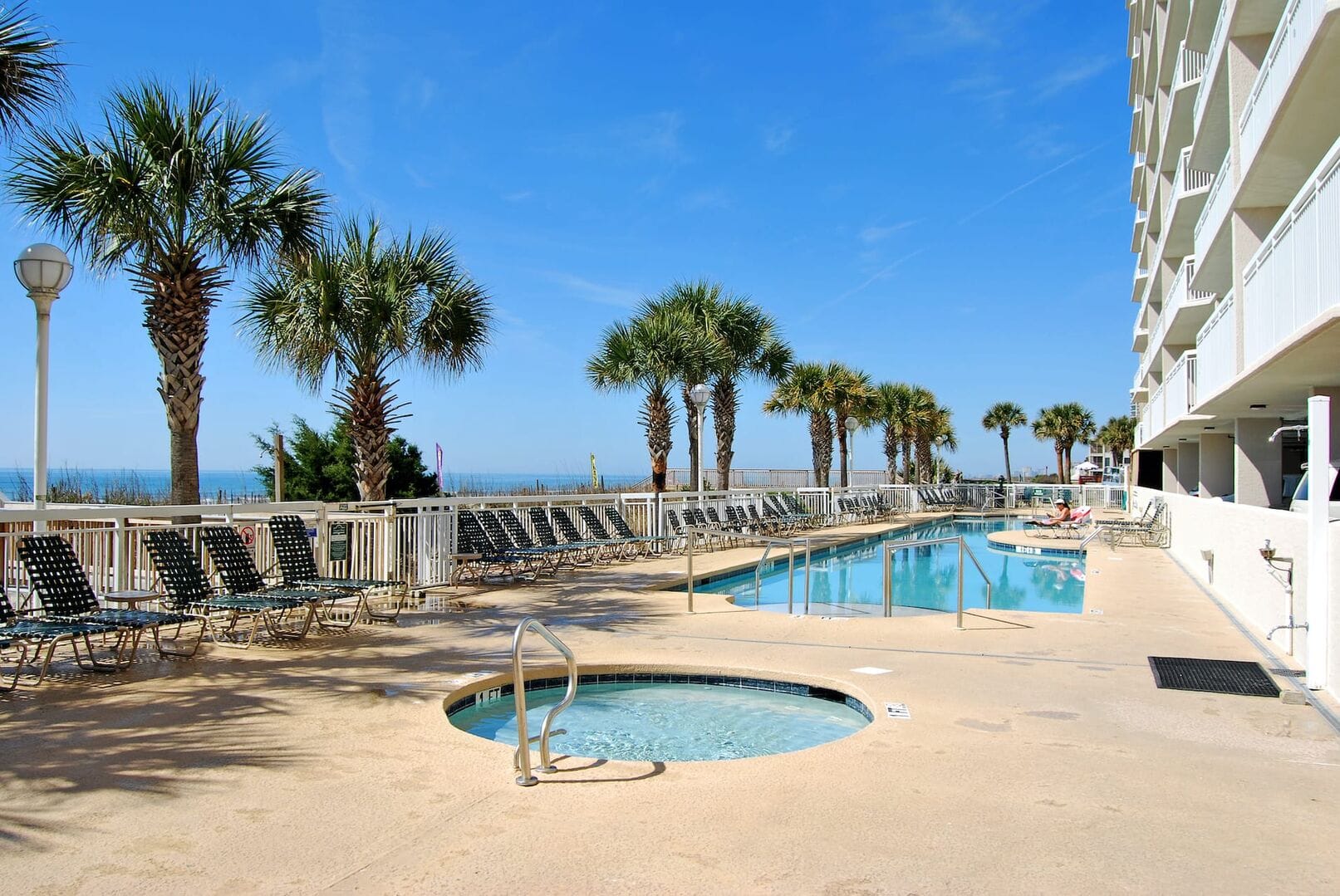 Outdoor pool with palm trees.