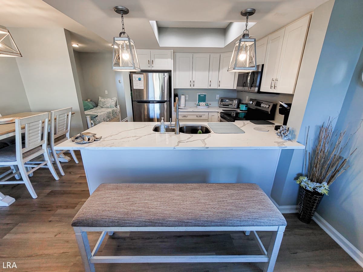 Modern kitchen with island seating.