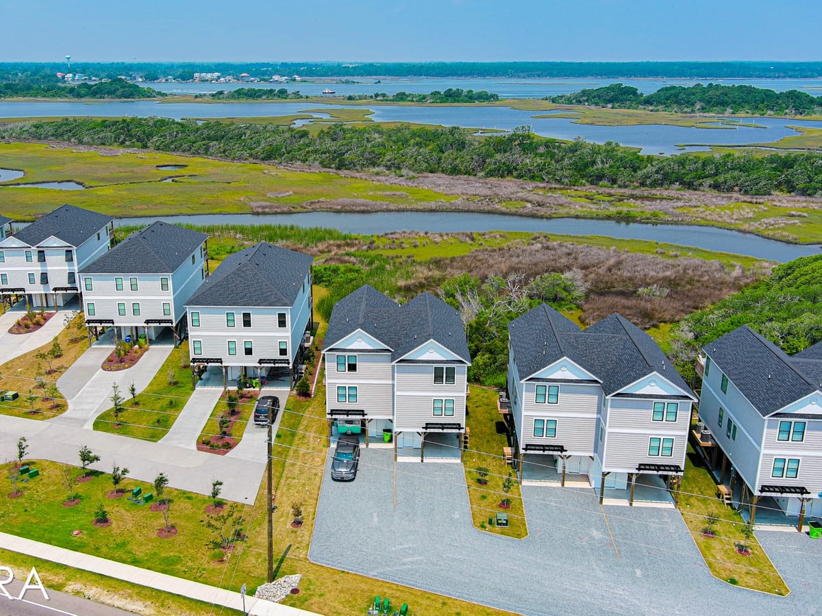 Row of coastal houses, aerial view.