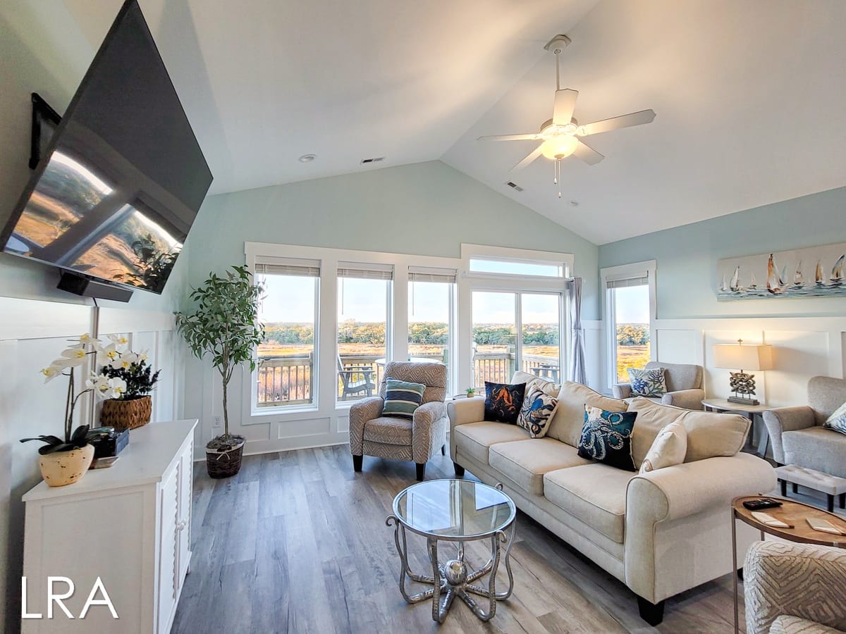 Cozy living room with large windows.