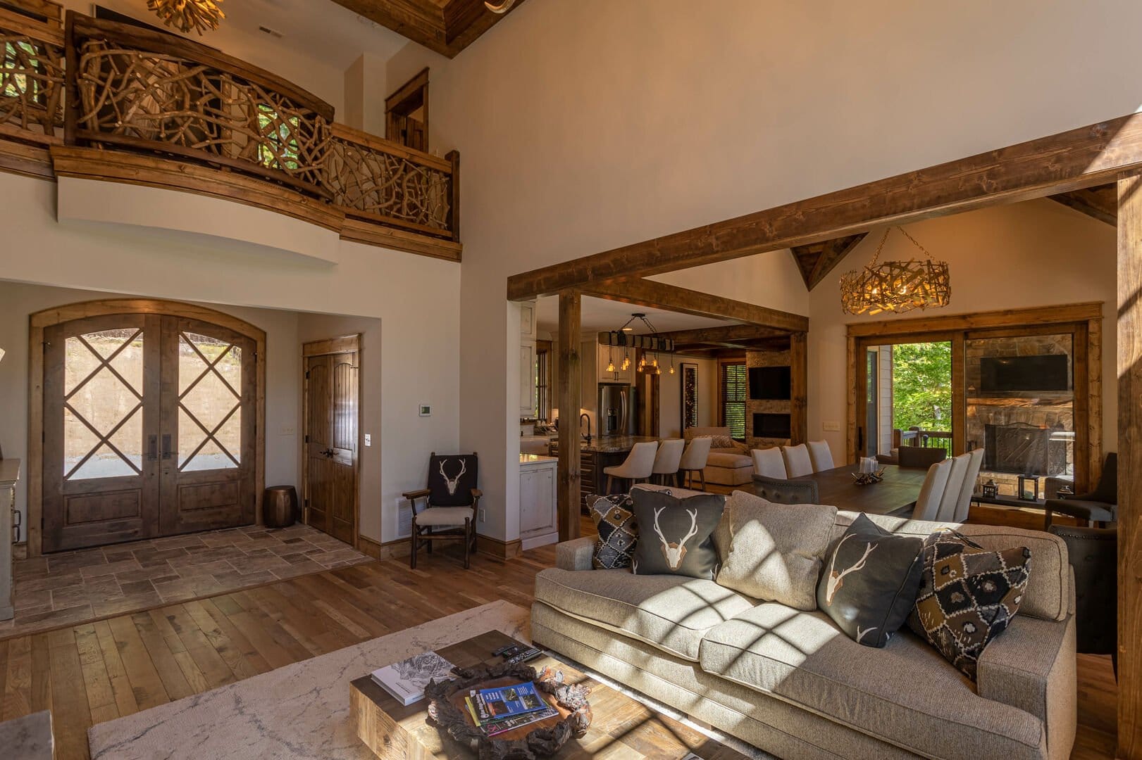 Rustic living room with wooden decor.