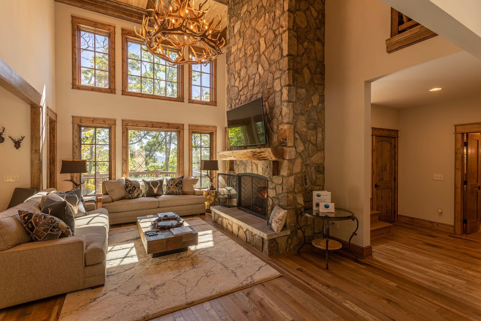 Rustic living room with fireplace.