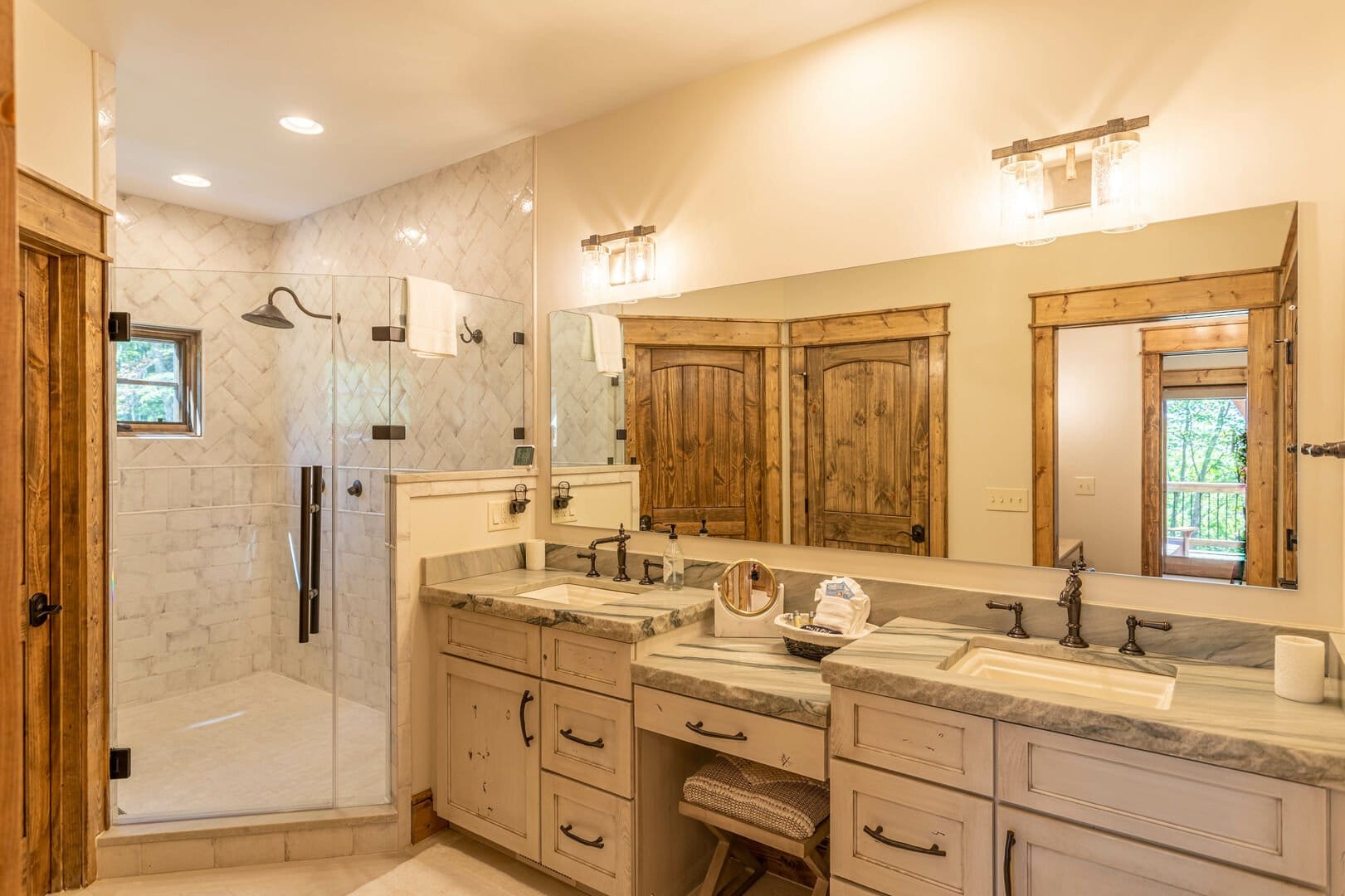 Elegant bathroom with glass shower.