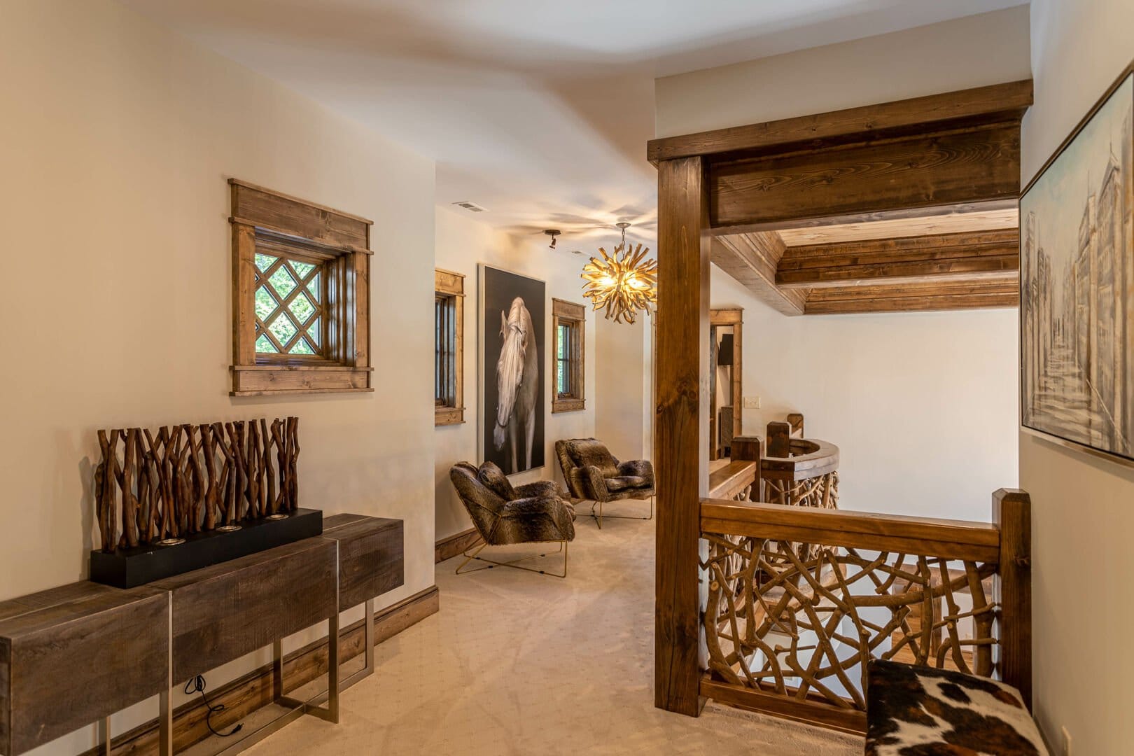 Rustic hallway with wooden accents.