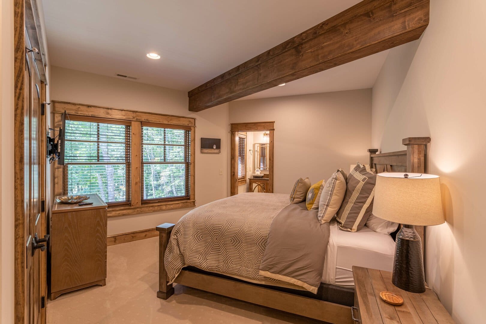 Cozy bedroom with wooden accents.