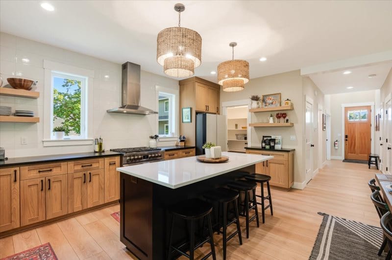 Modern kitchen with wooden cabinets.