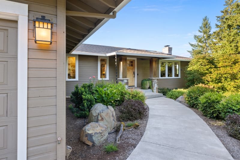 House entrance with garden pathway.