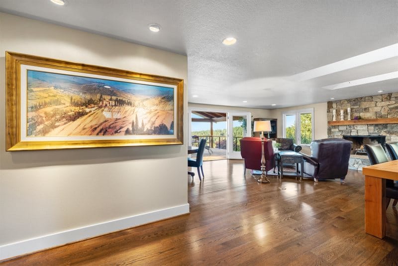 Spacious living room with artwork.