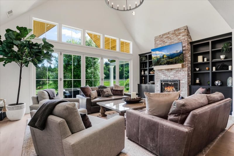 Modern living room with fireplace.