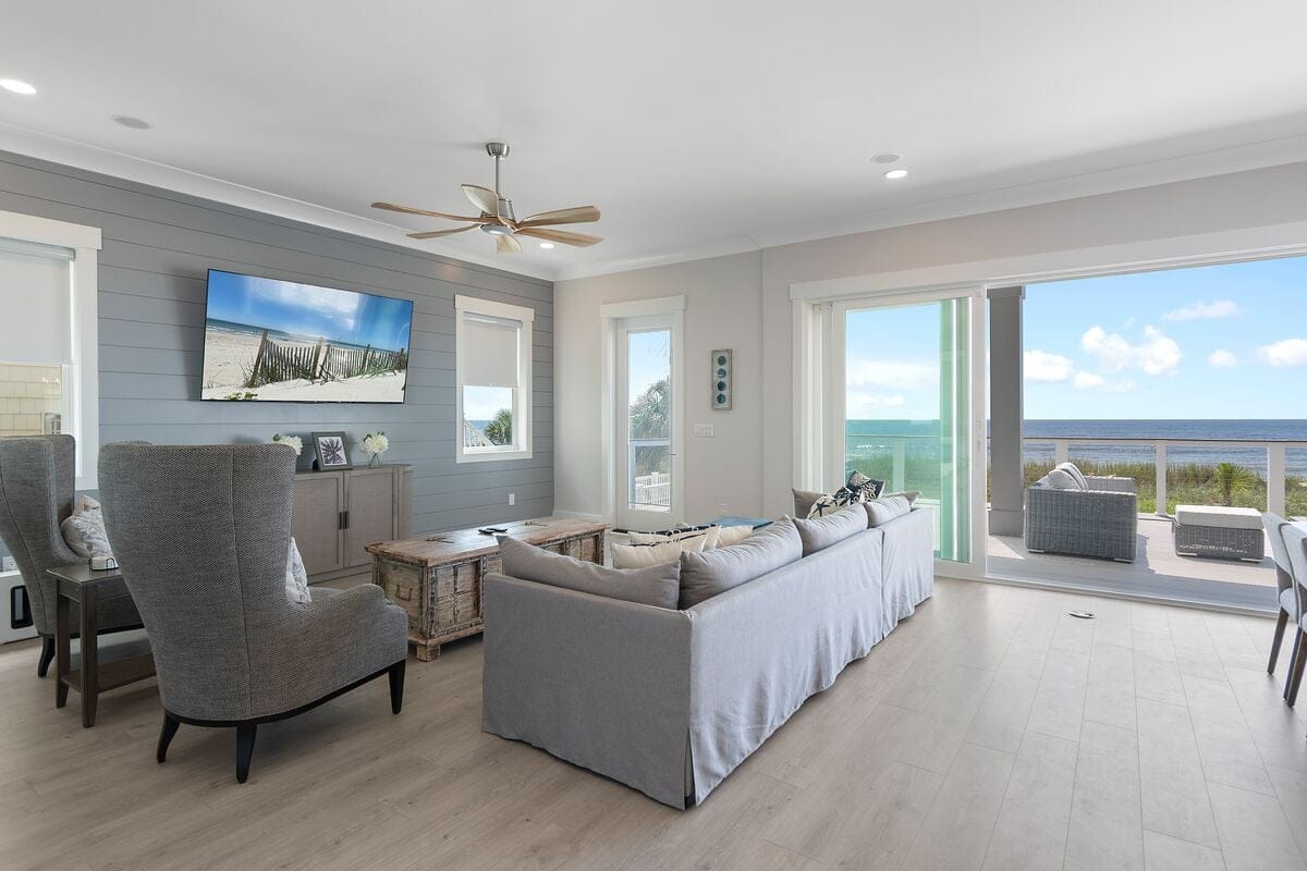 Bright living room with ocean view.