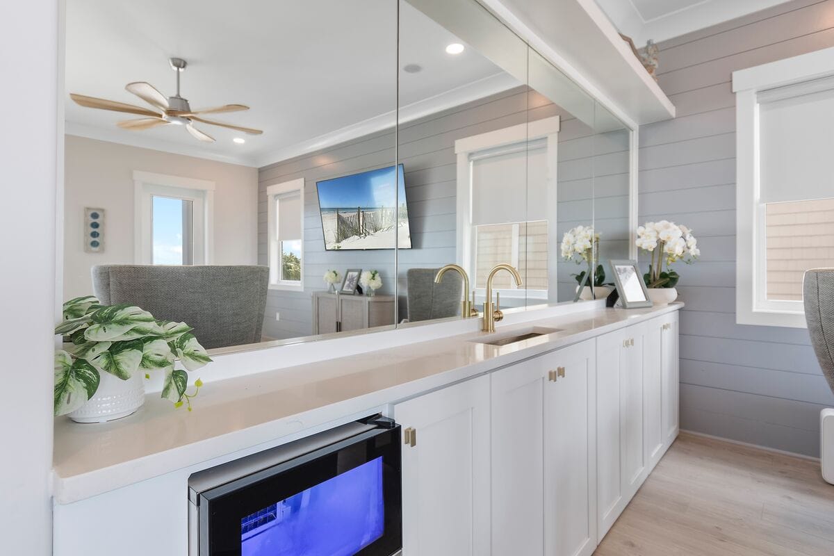 Modern kitchen with white cabinets.