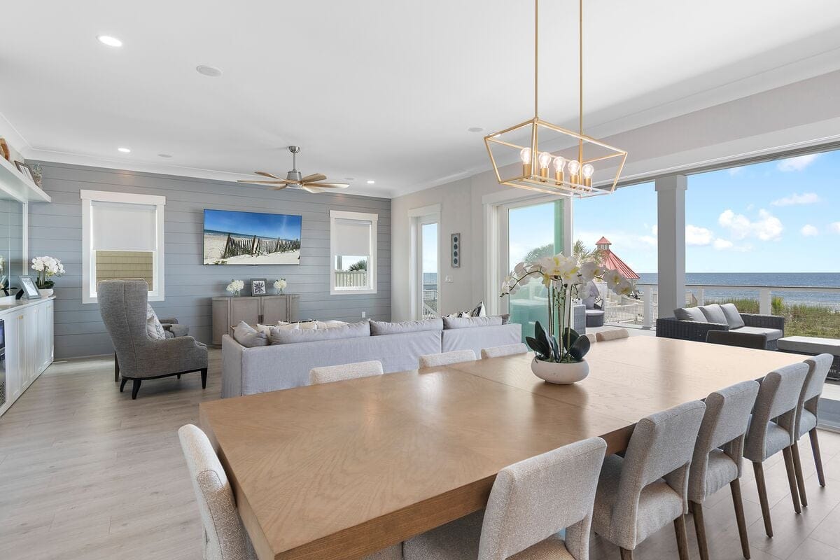 Modern coastal living room with ocean.