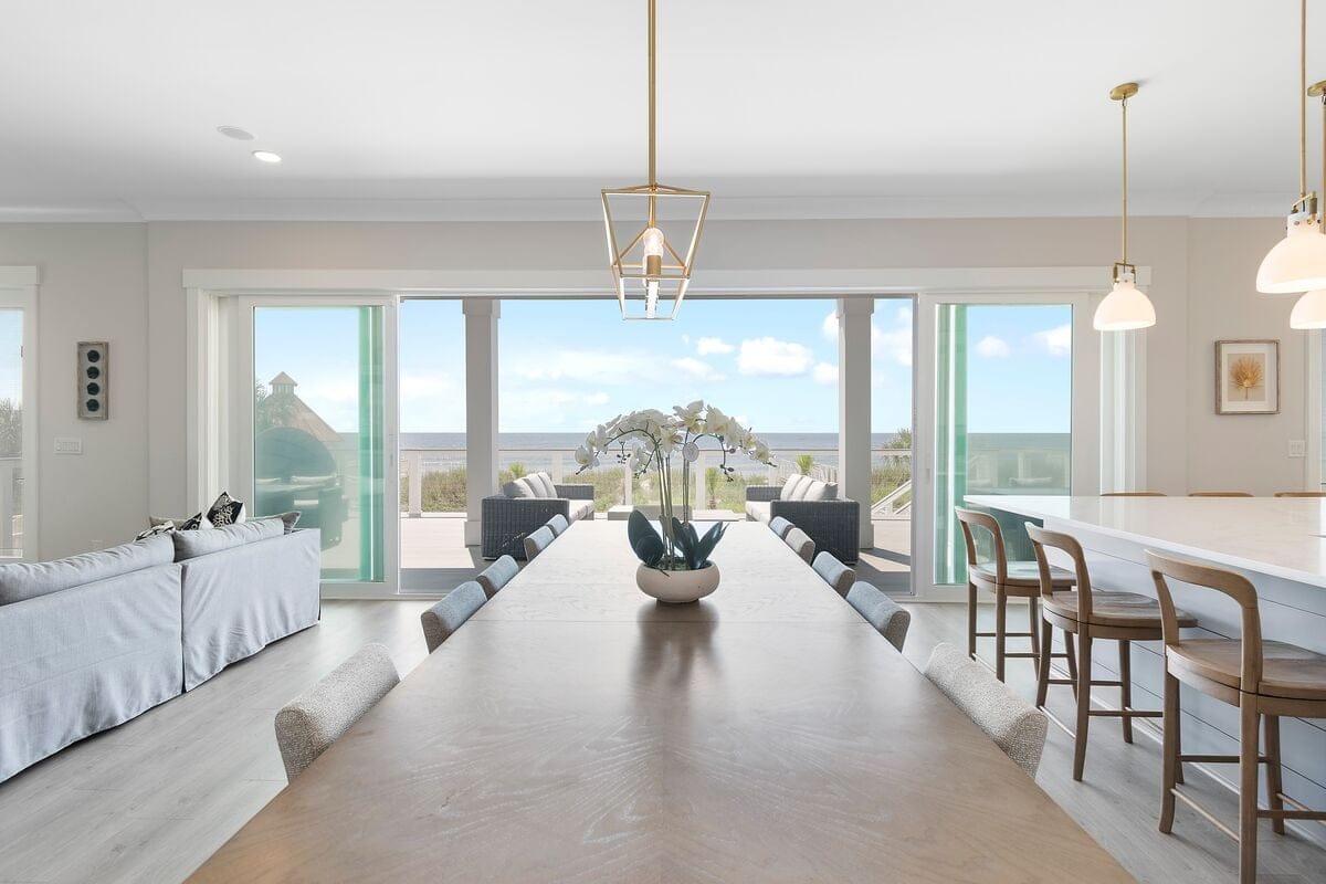 Modern dining room with ocean view.