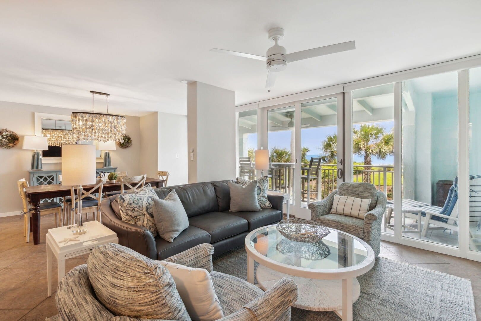 Modern living room with ocean view.